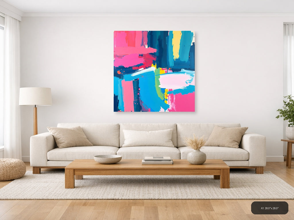 Vibrant Abstract Brushstrokes Cyan Pink Yellow Wall Art — A1 / Living Room