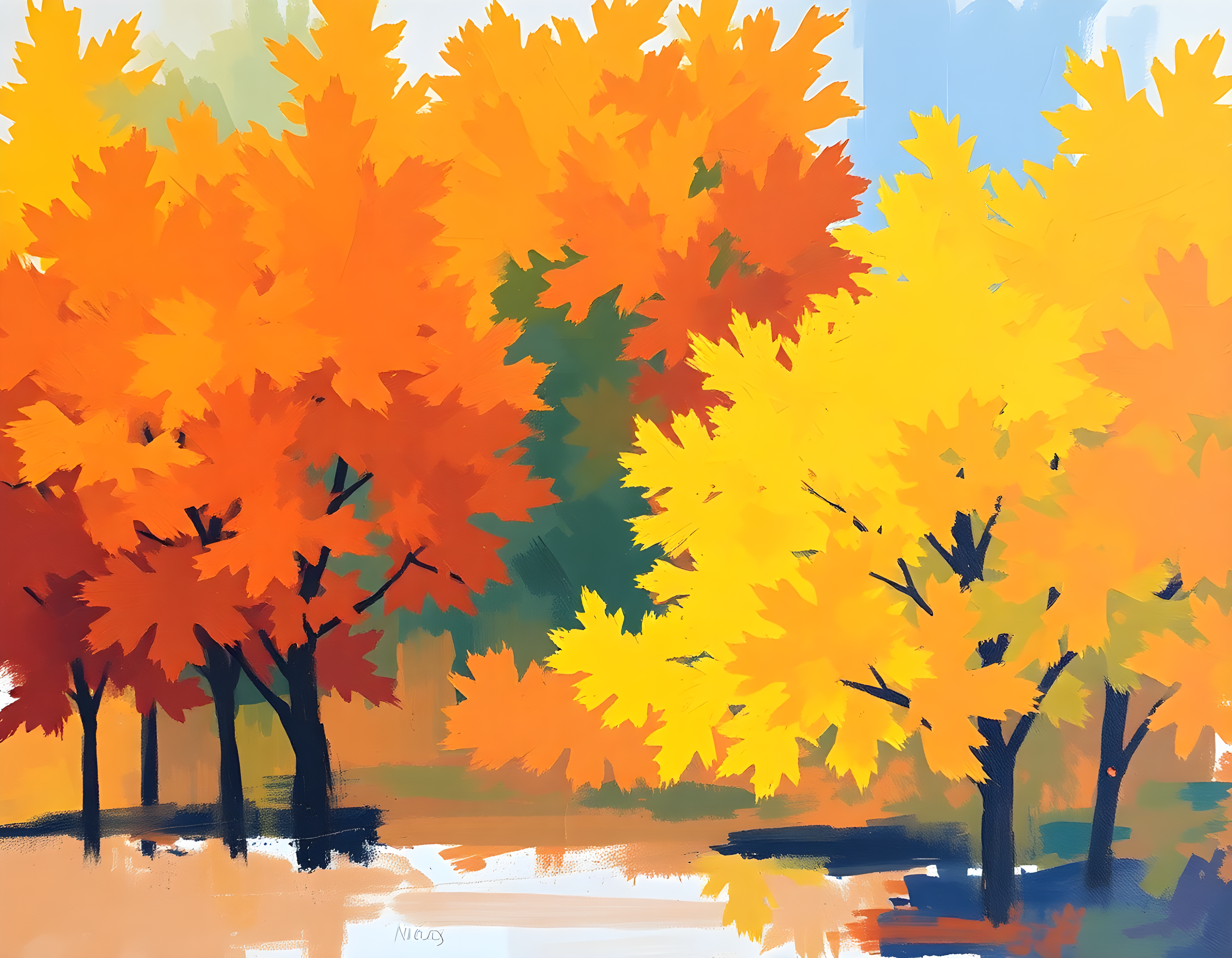Abstract Autumn Trees by Water Landscape Wall Art