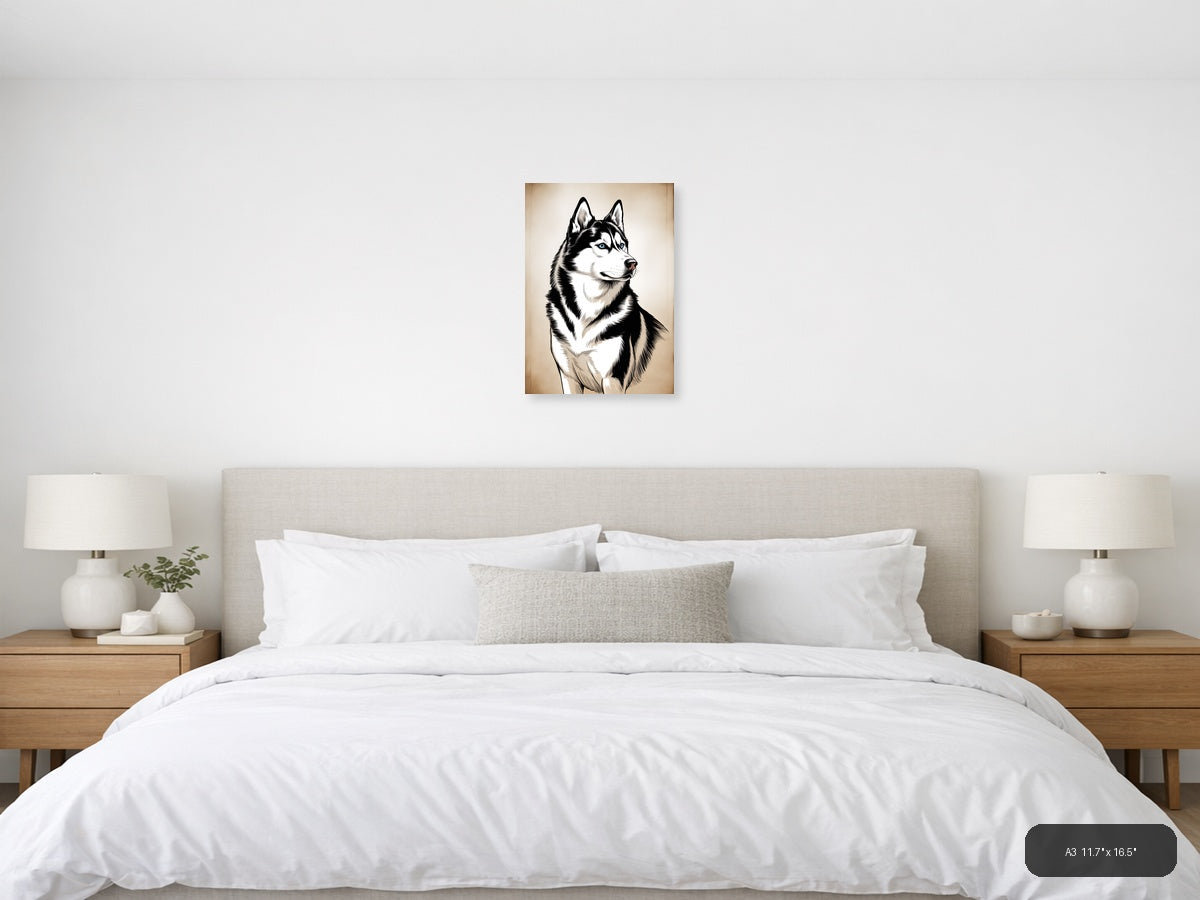 Siberian Husky Portrait Line Art Black & White Wall Art — A3 / Bedroom