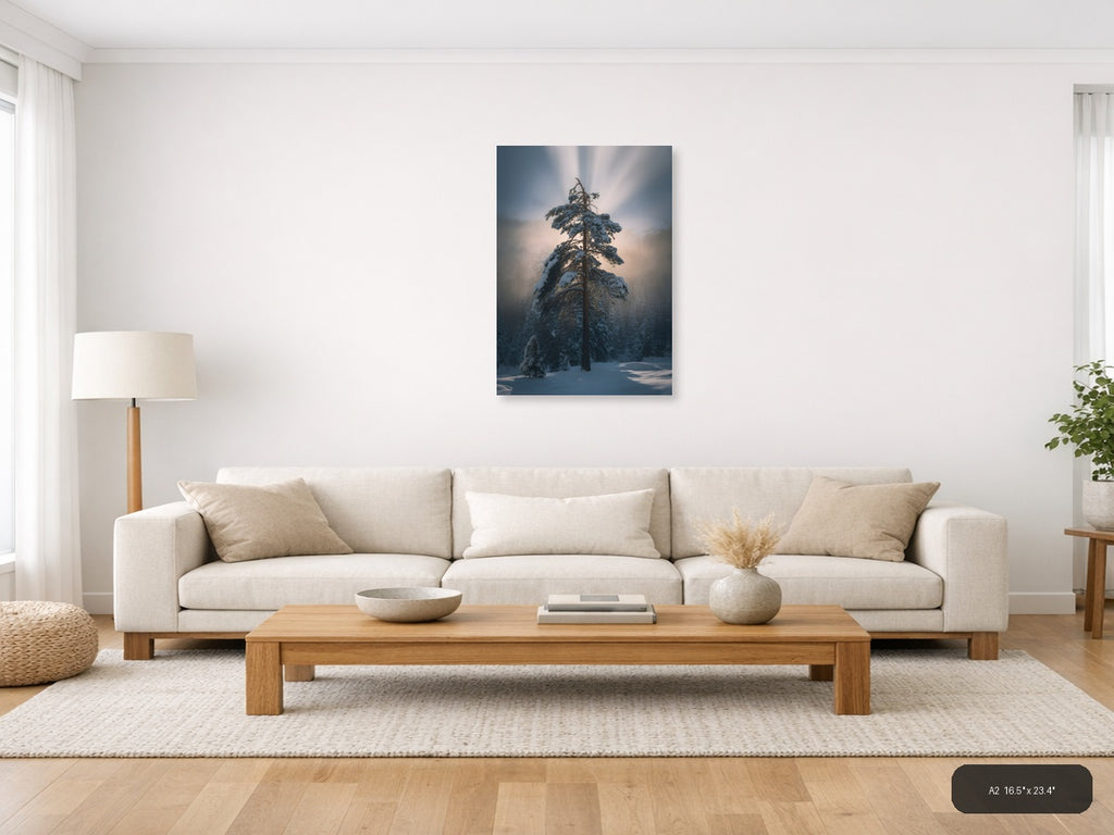 Snow-Covered Pine Tree in Misty Forest Photography Wall Art — A2 / Living Room
