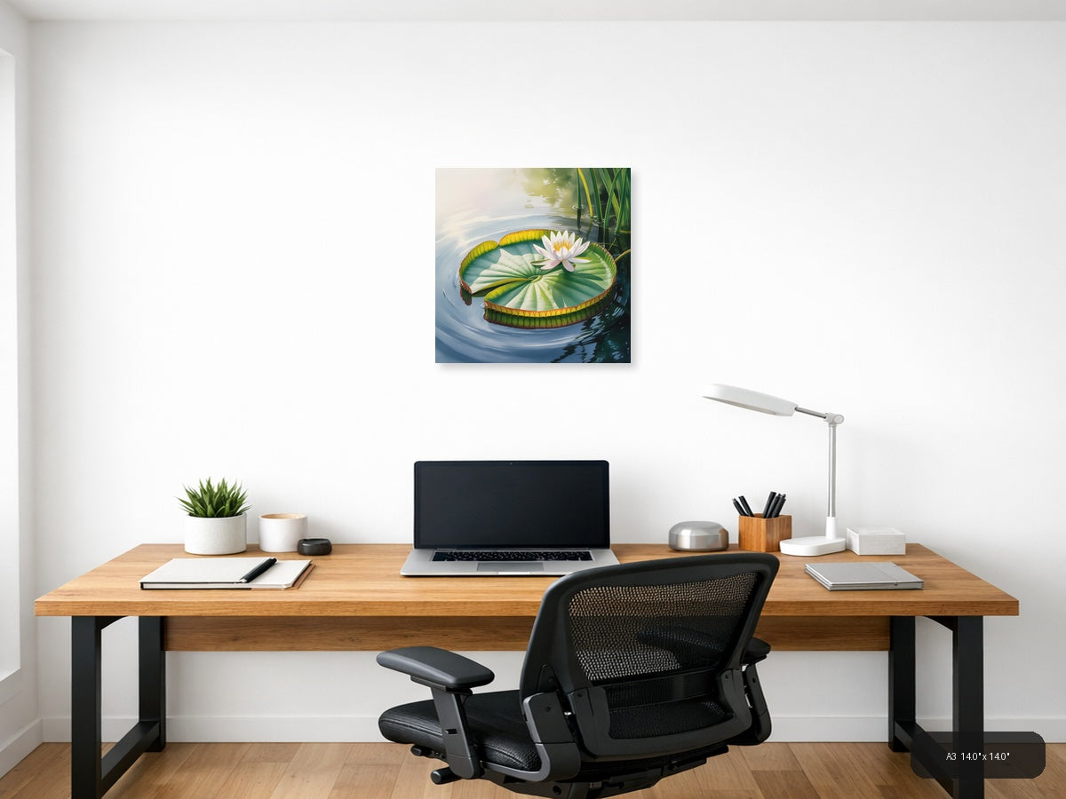 White Water Lily on Giant Leaf Watercolor Wall Art — A3 / Office