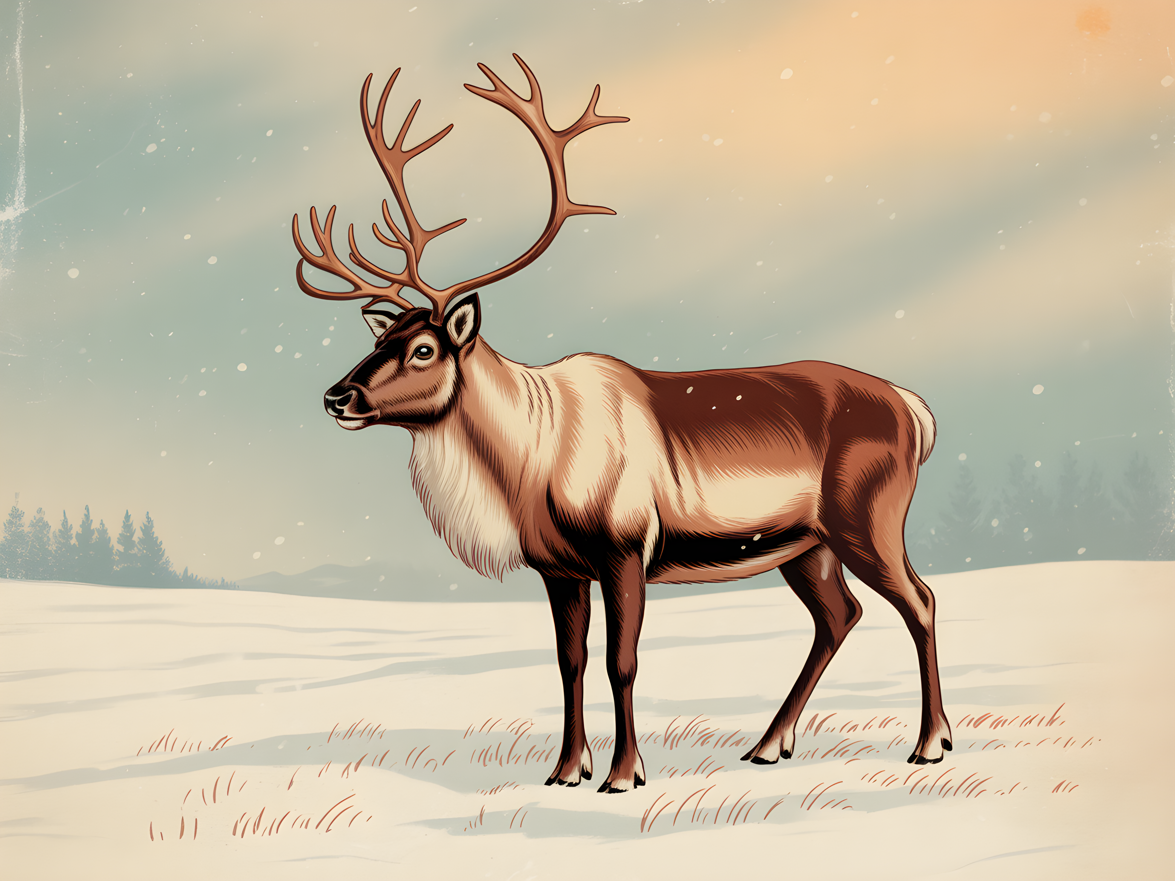Vintage Reindeer in Snow Landscape Wall Art