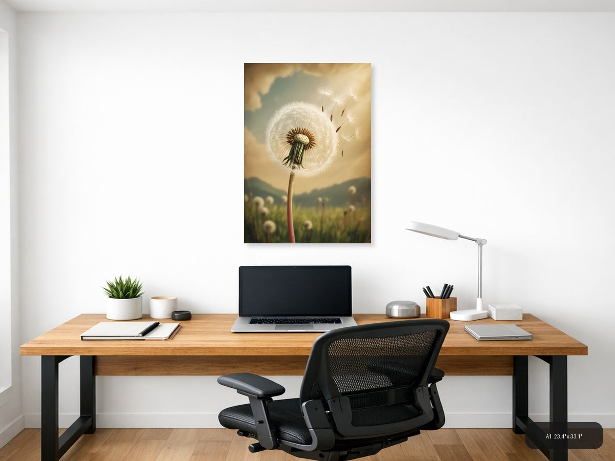 Vintage Dandelion Seeds Blowing Away Portrait Wall Art — A1 / Office