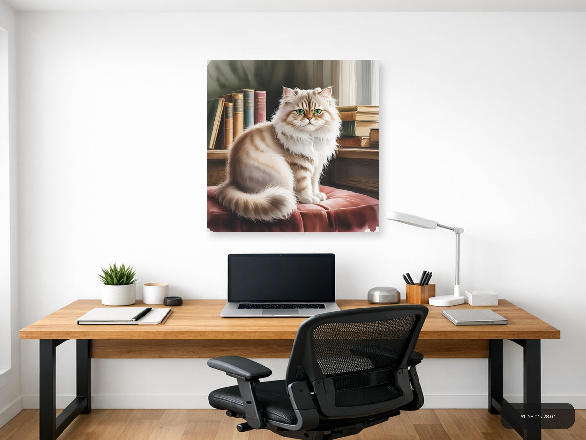 Fluffy White Cat with Green Eyes Watercolor Wall Art — A1 / Office