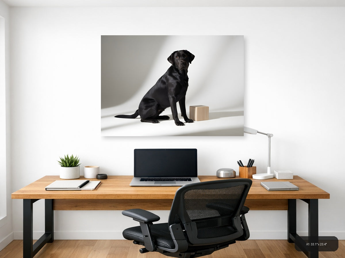 Black Labrador & Wooden Cube Minimalist Wall Art — A1 / Office
