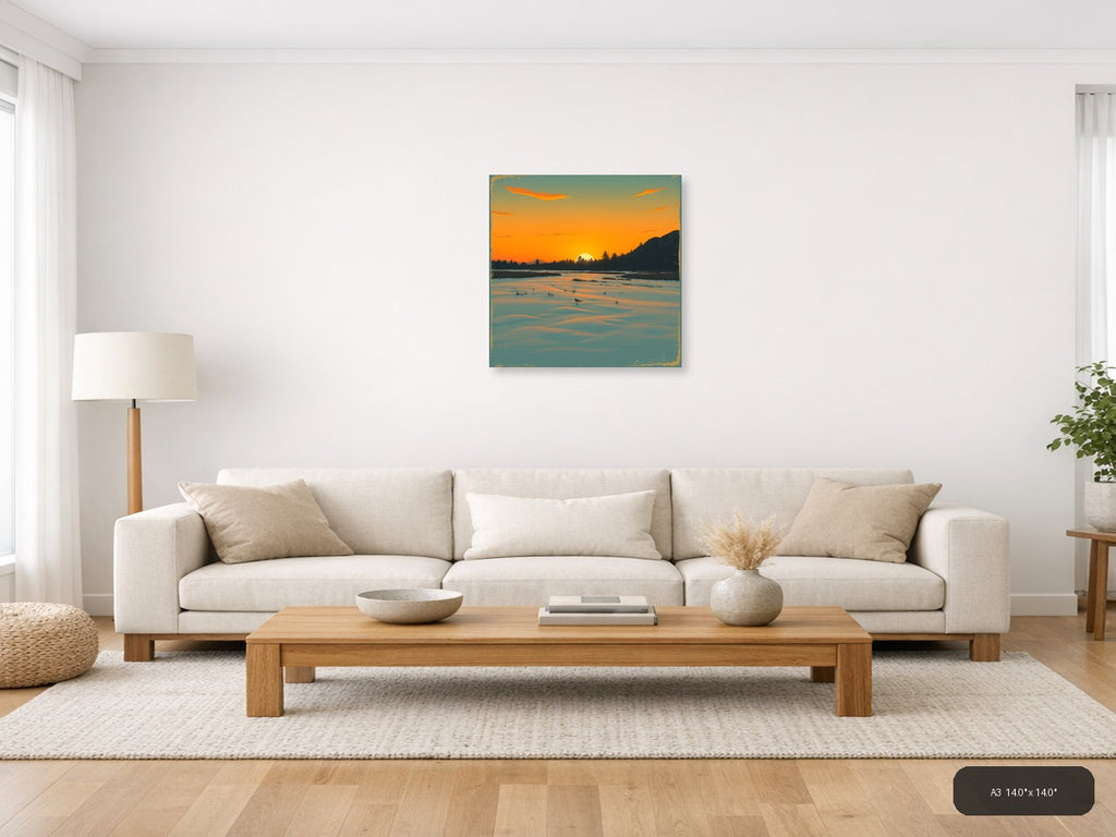 Vintage Sunset Lake Landscape with Mountains Wall Art — A3 / Living Room