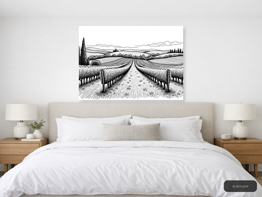 Tuscan Vineyard Landscape Line Art Wall Art — A1 / Bedroom