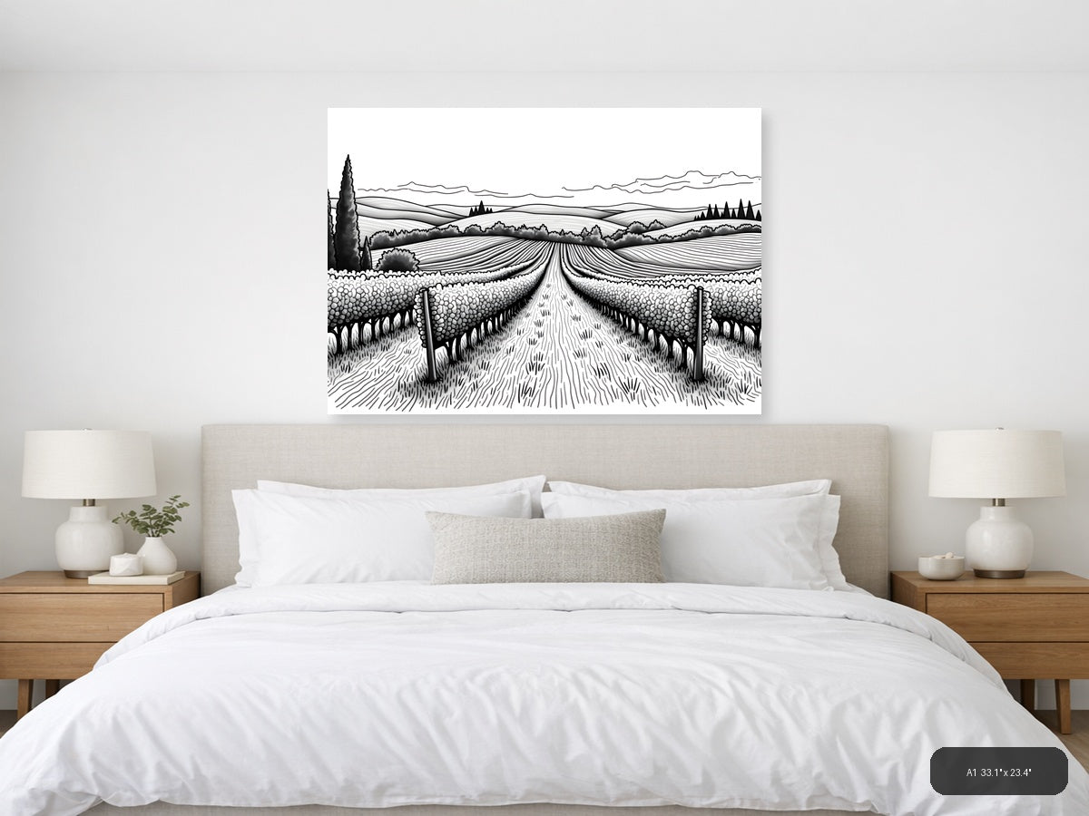 Tuscan Vineyard Landscape Line Art Wall Art — A1 / Bedroom