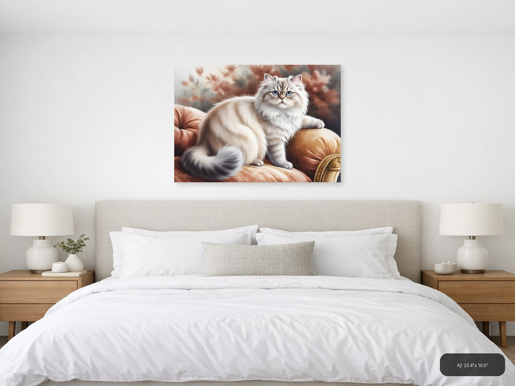 Fluffy White Cat on Red Cushion Watercolor Wall Art — A2 / Bedroom