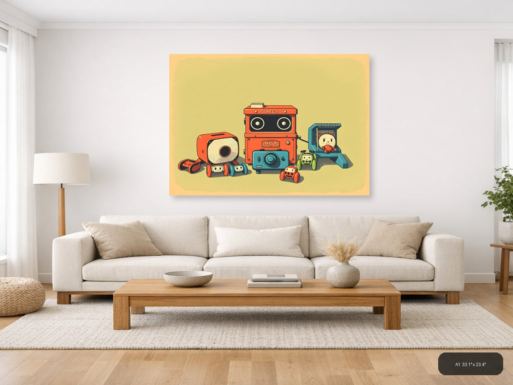 Vintage Robot Toys & Cameras Illustration Wall Art — A1 / Living Room