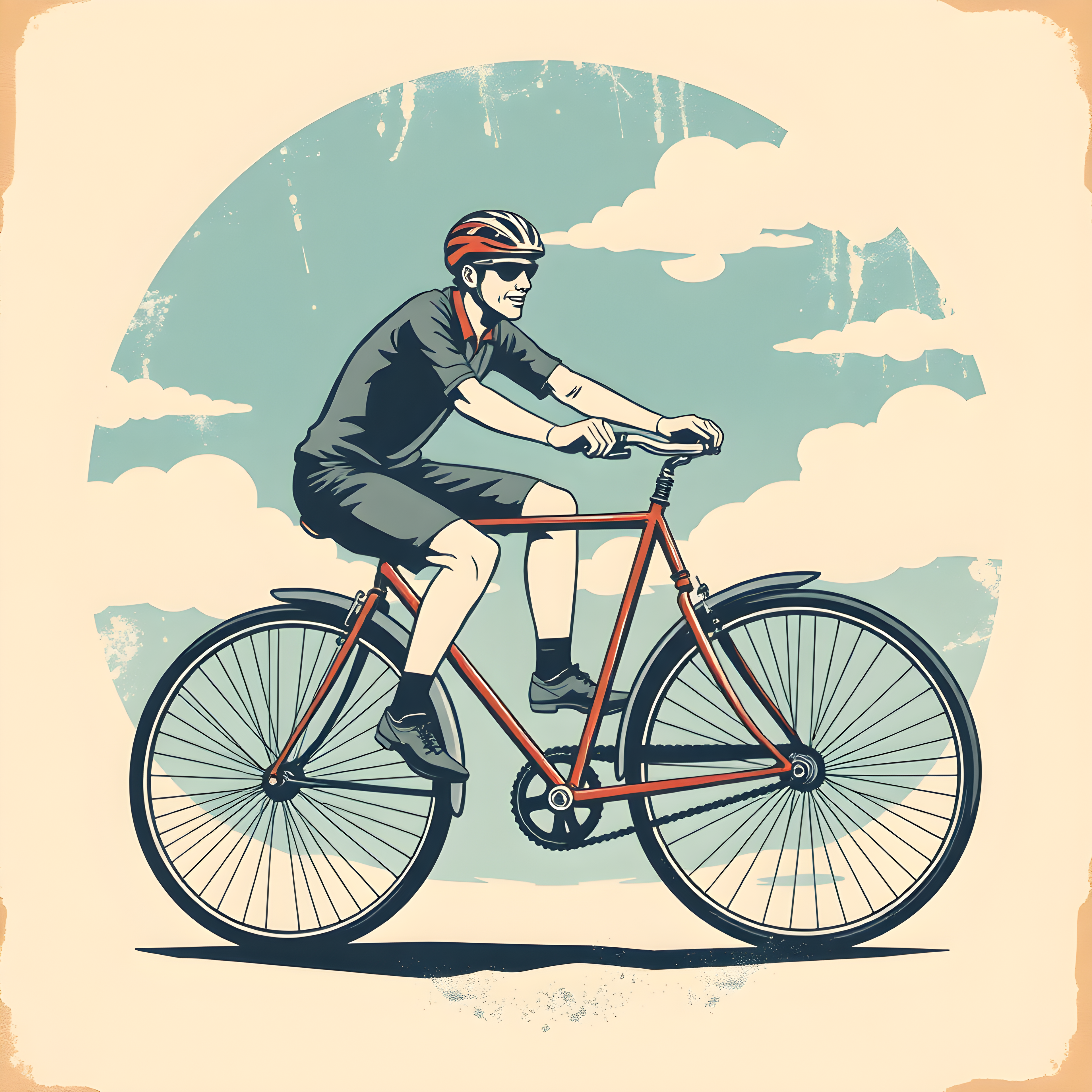 Vintage Cyclist in Red - Retro Sky Wall Art