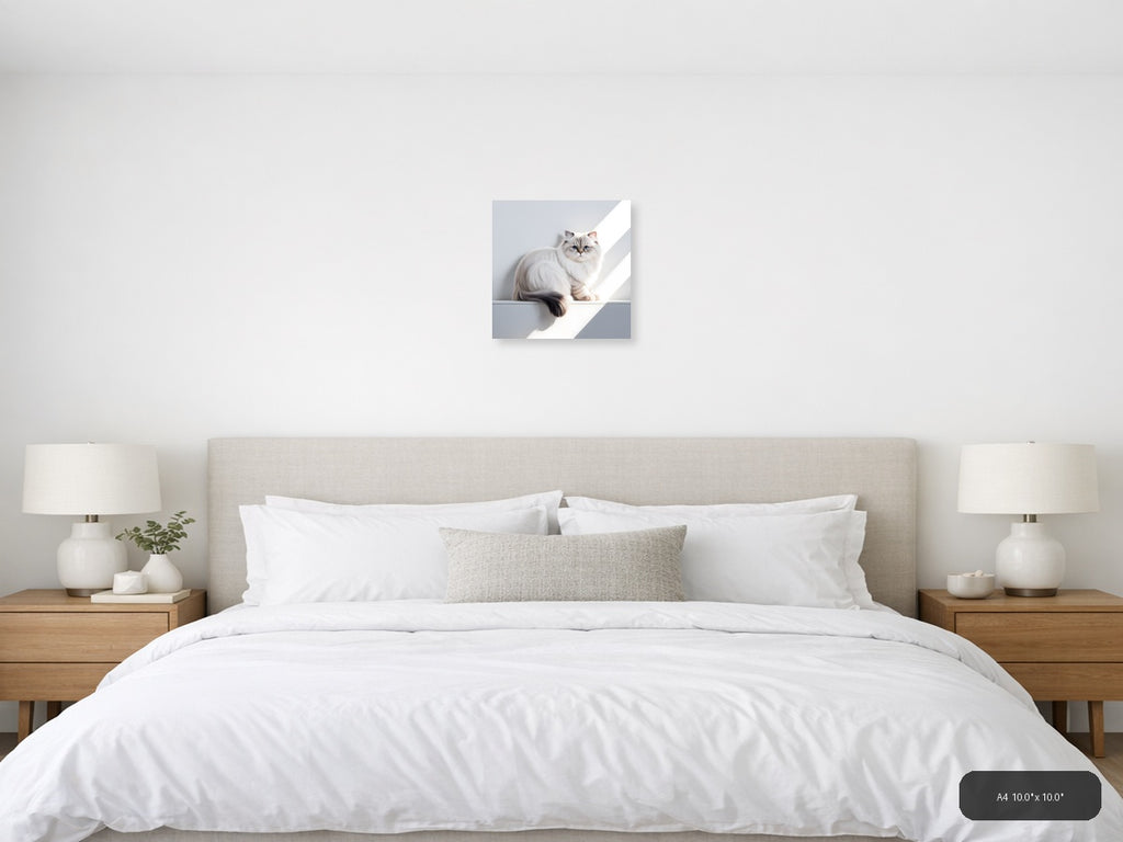 Minimalist White Cat with Blue Eyes Square Wall Art — A4 / Bedroom