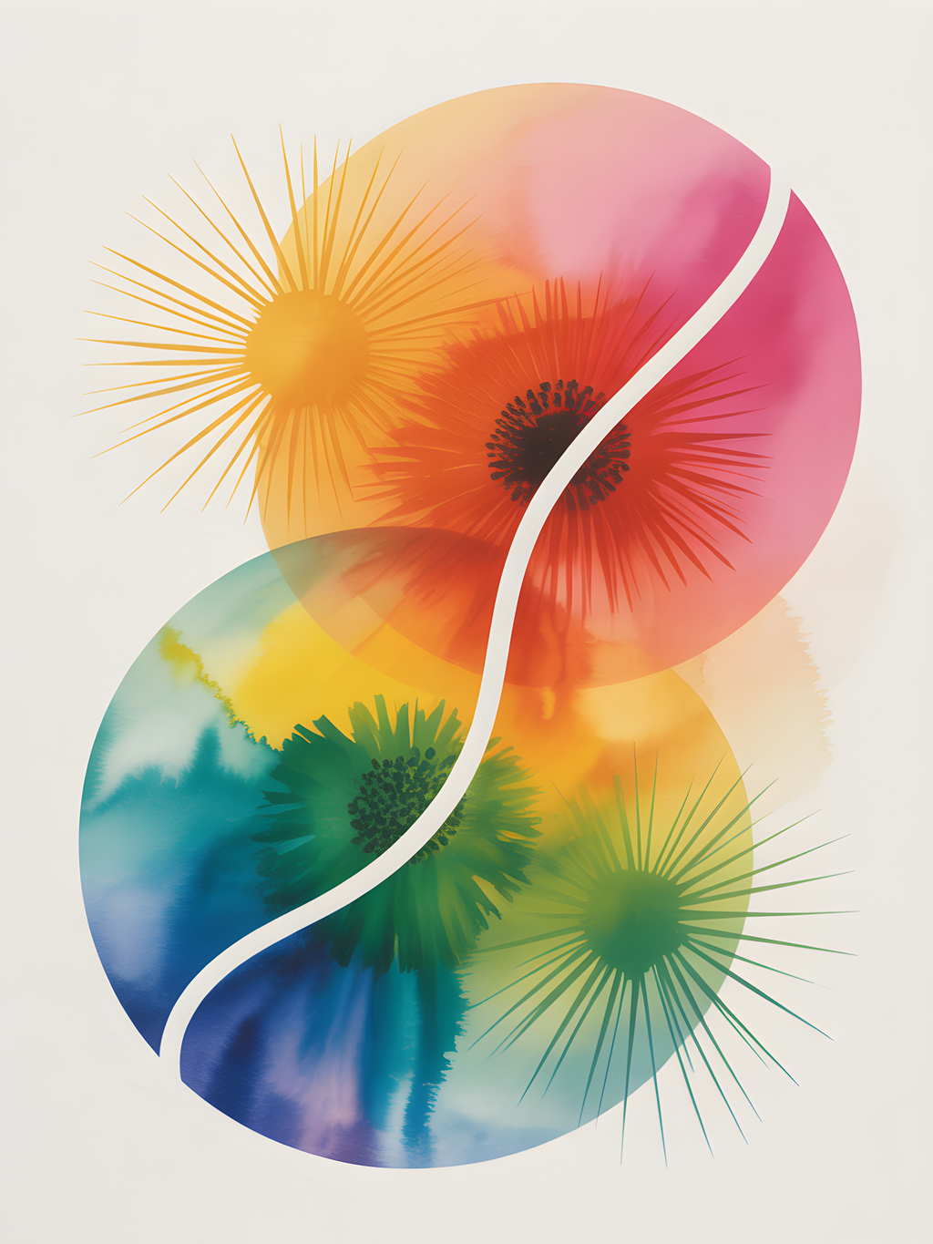 Rainbow Yin Yang Watercolor Floral Wall Art