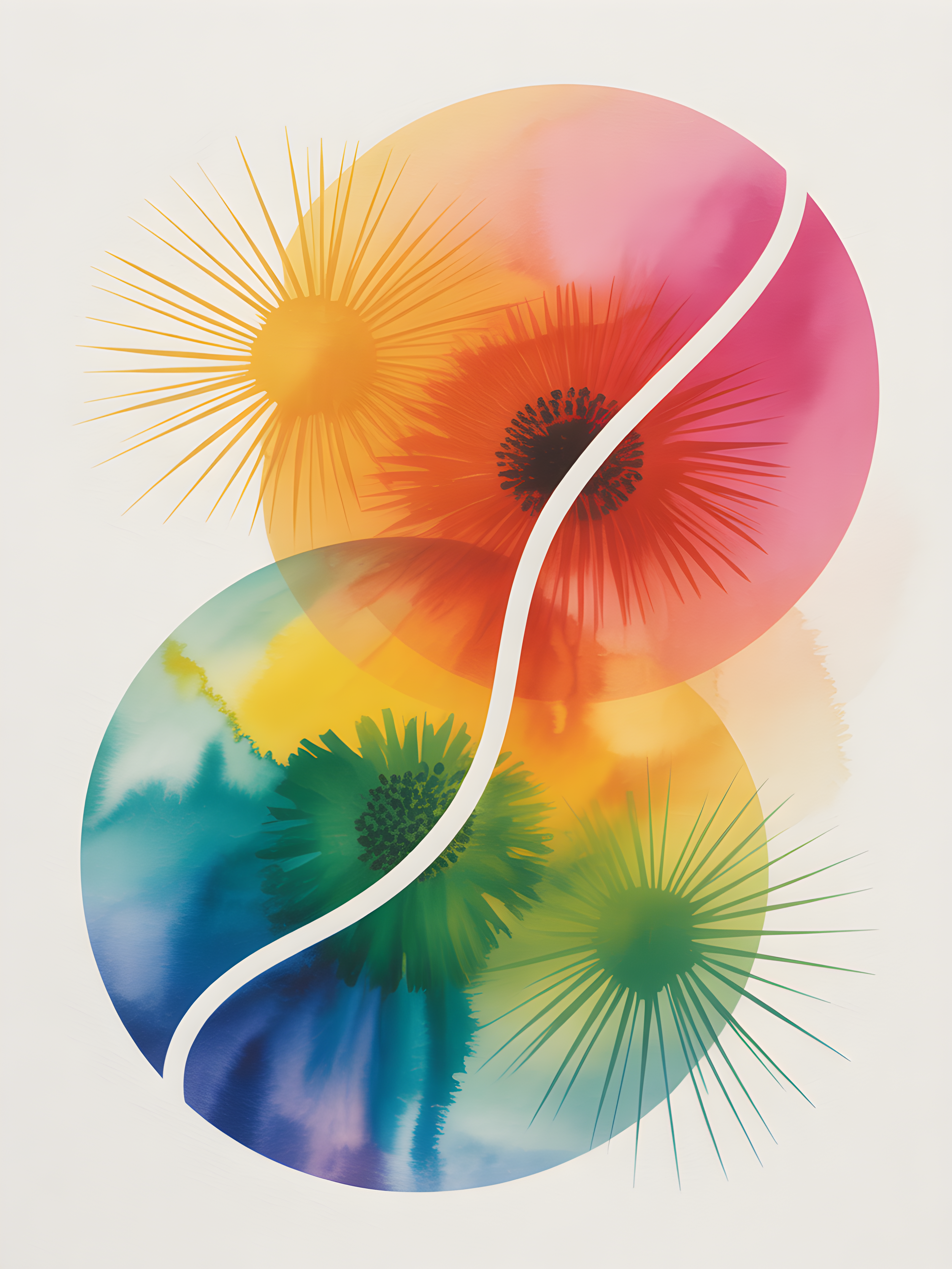 Rainbow Yin Yang Watercolor Floral Wall Art