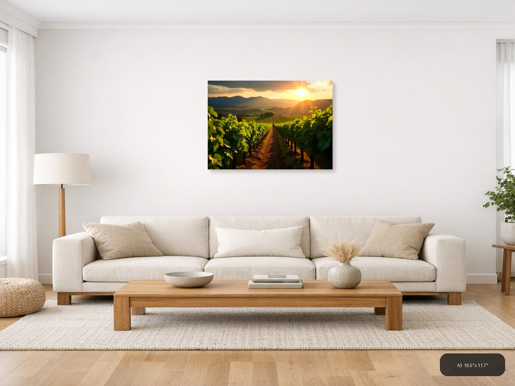 Vineyard Sunset Mountain Landscape Photography Wall Art — A3 / Living Room