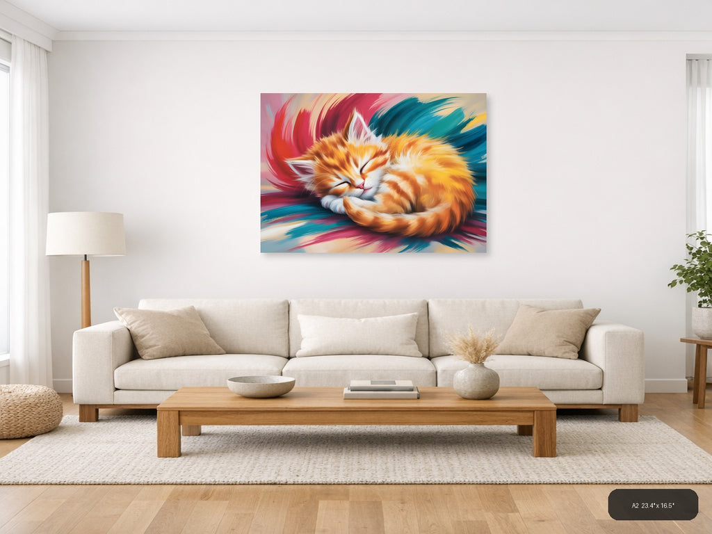 Sleeping Ginger Cat Abstract Brushstroke Wall Art — A2 / Living Room