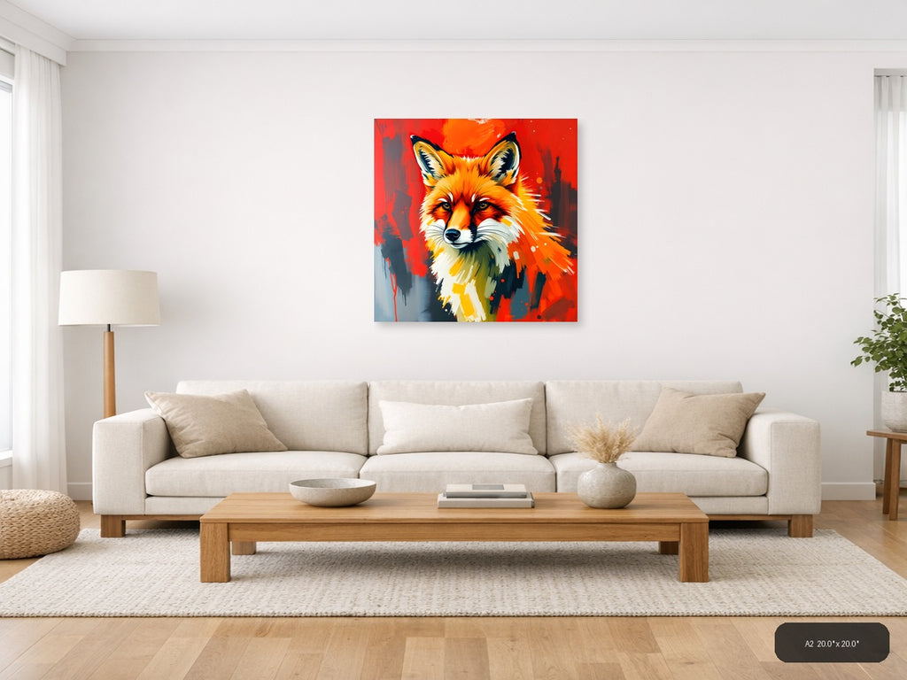 Abstract Fox Portrait Orange Red Splash Wall Art — A2 / Living Room