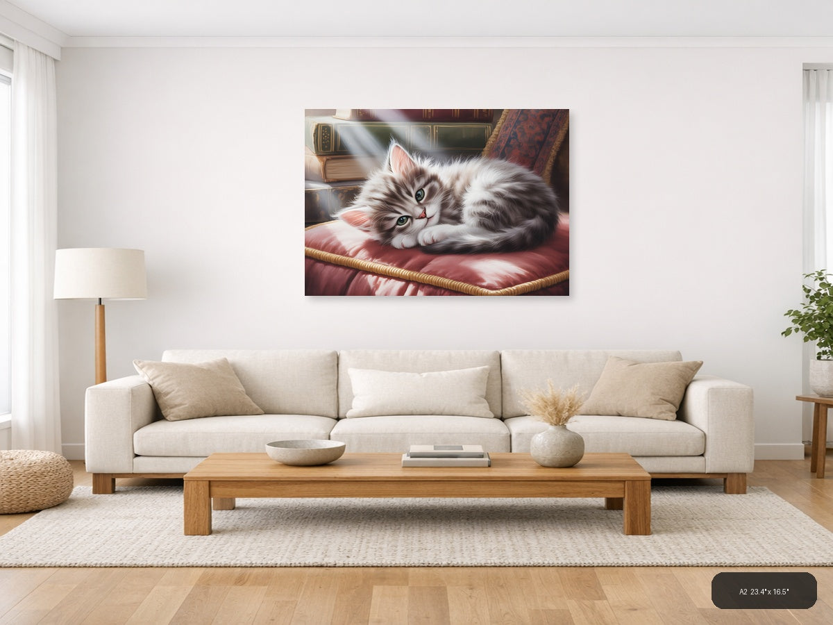 Fluffy White Cat Watercolor Portrait Wall Art — A2 / Living Room
