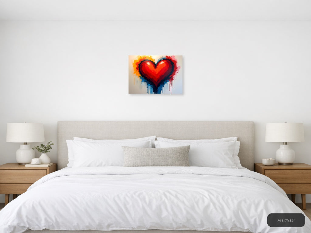 Abstract Red Heart with Colorful Drip Abstract Wall Art — A4 / Bedroom