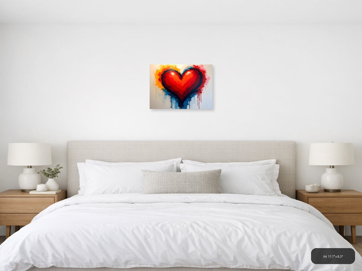 Abstract Red Heart with Colorful Drip Abstract Wall Art — A4 / Bedroom