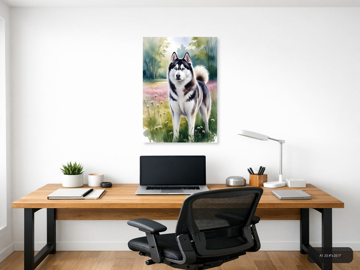 Husky Dog in Wildflower Meadow Watercolor Wall Art — A1 / Office
