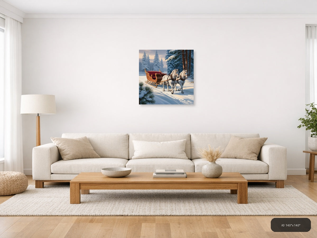 Vintage Winter Sleigh with White Horses Wall Art — A3 / Living Room
