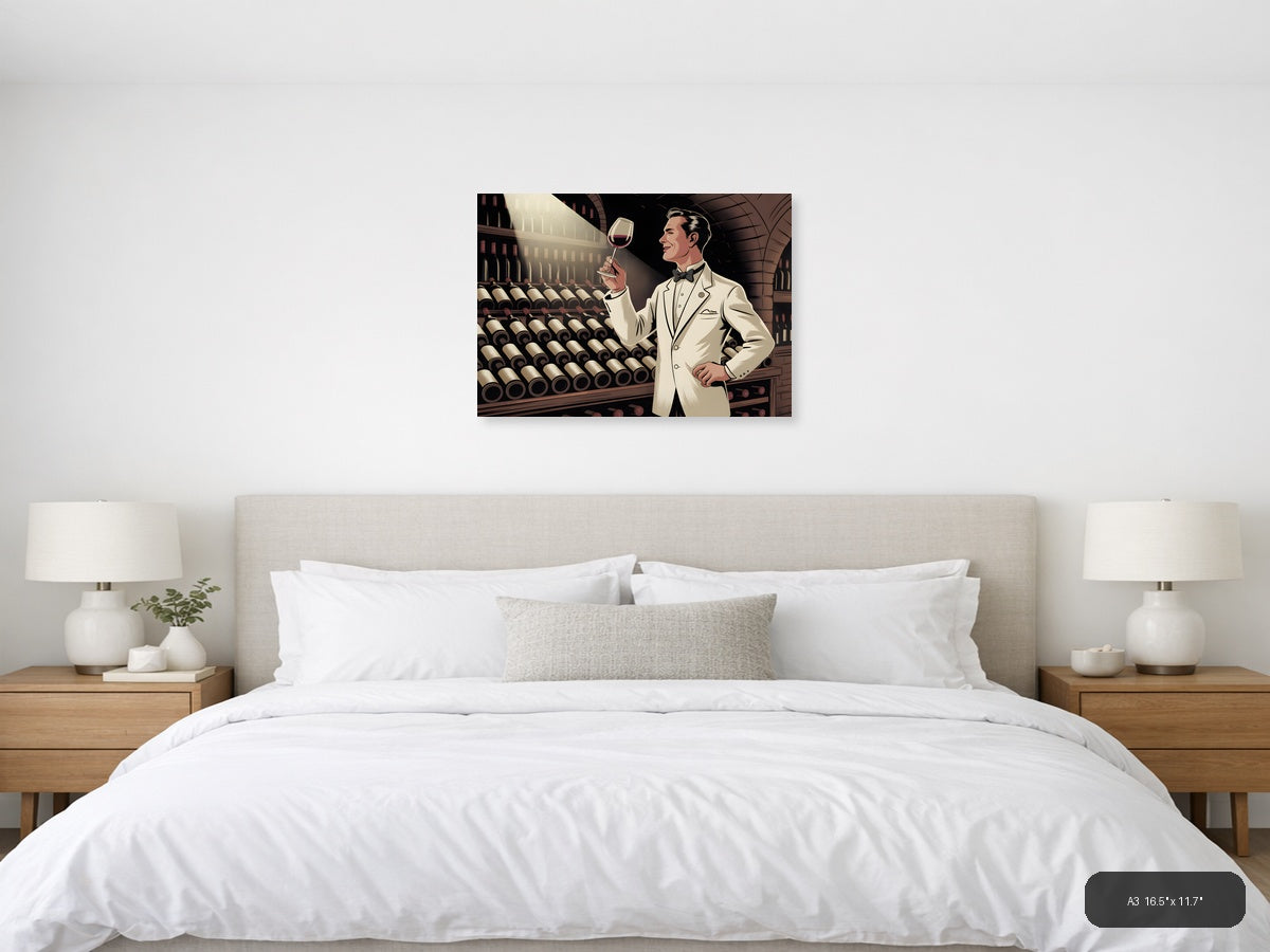 Vintage Wine Connoisseur in Cellar - Landscape Wall Art — A3 / Bedroom