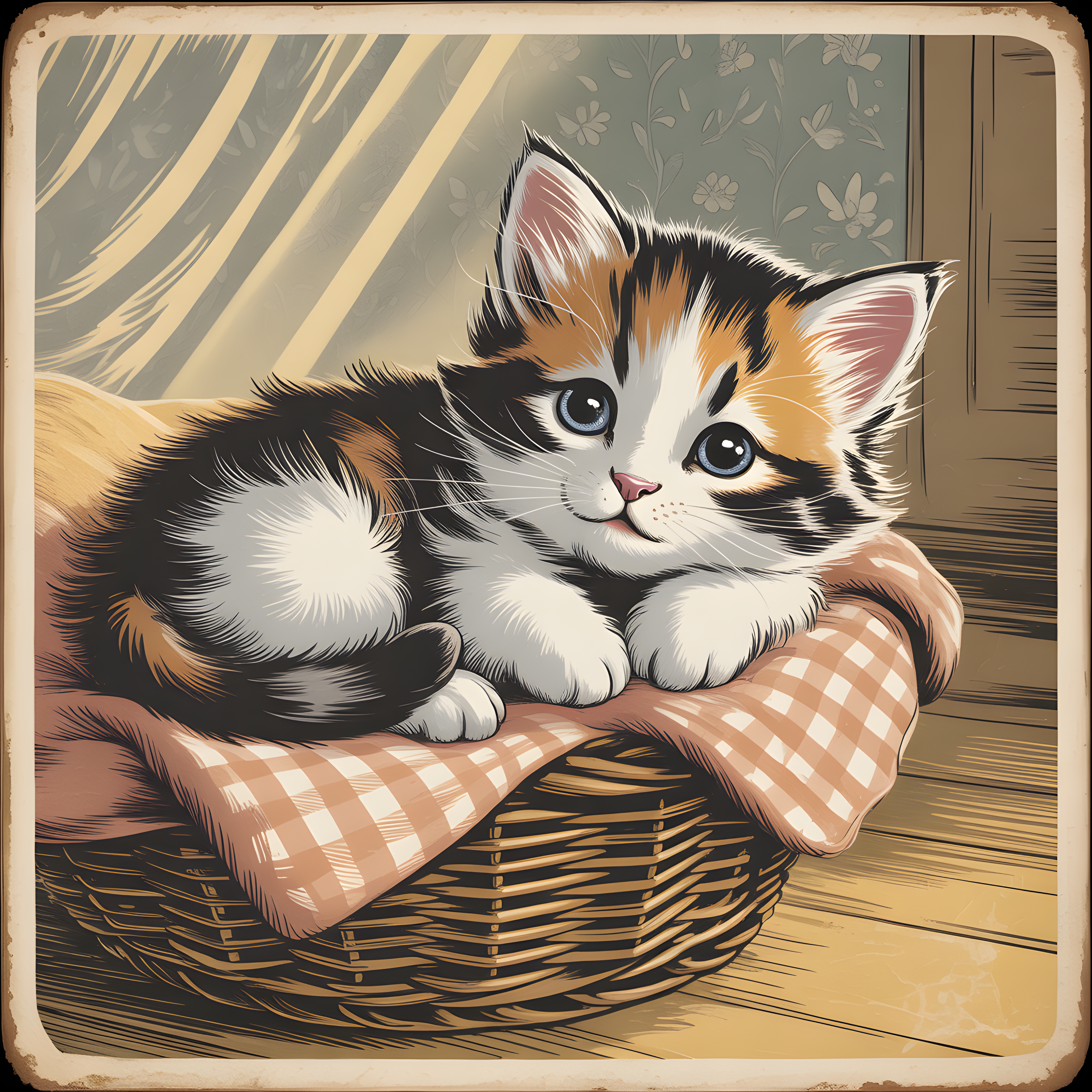 Vintage Calico Kitten in Basket - Square Wall Art