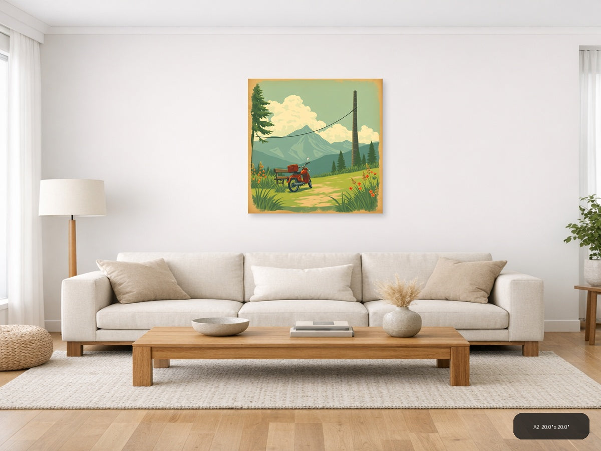 Vintage Red Scooter Mountain Landscape Wall Art — A2 / Living Room