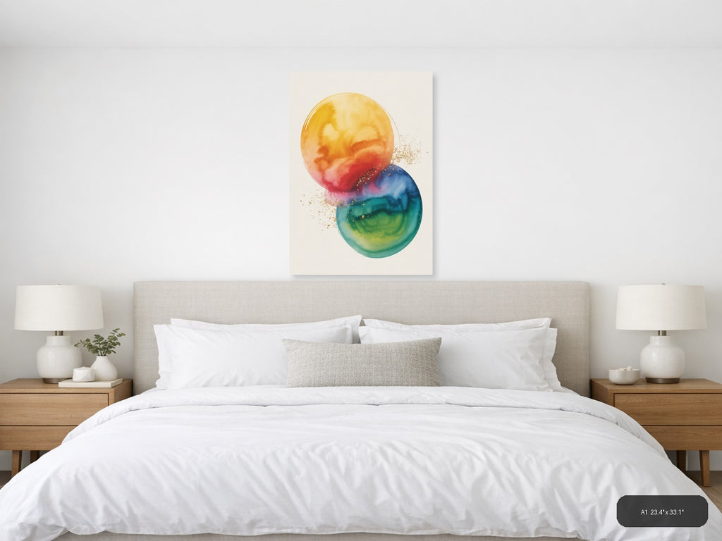 Watercolor Gradient Circles with Gold Splatter Wall Art — A1 / Bedroom
