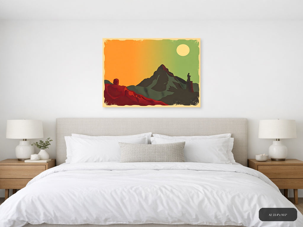 Vintage Mountain Landscape with Hikers - Retro Wall Art — A2 / Bedroom