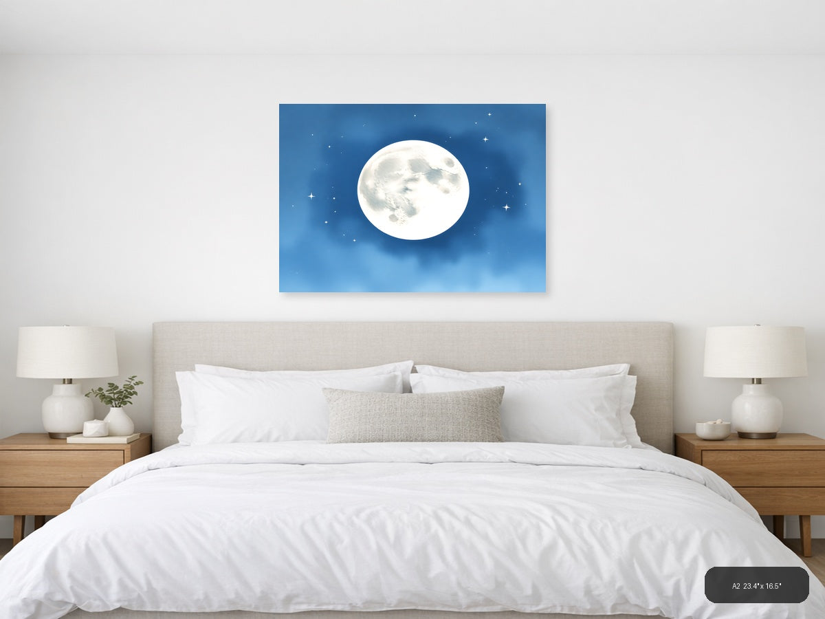 Full Moon Night Sky Watercolor Wall Art — A2 / Bedroom