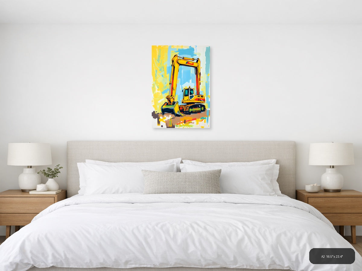 Yellow Excavator Abstract Construction Machine Wall Art — A2 / Bedroom