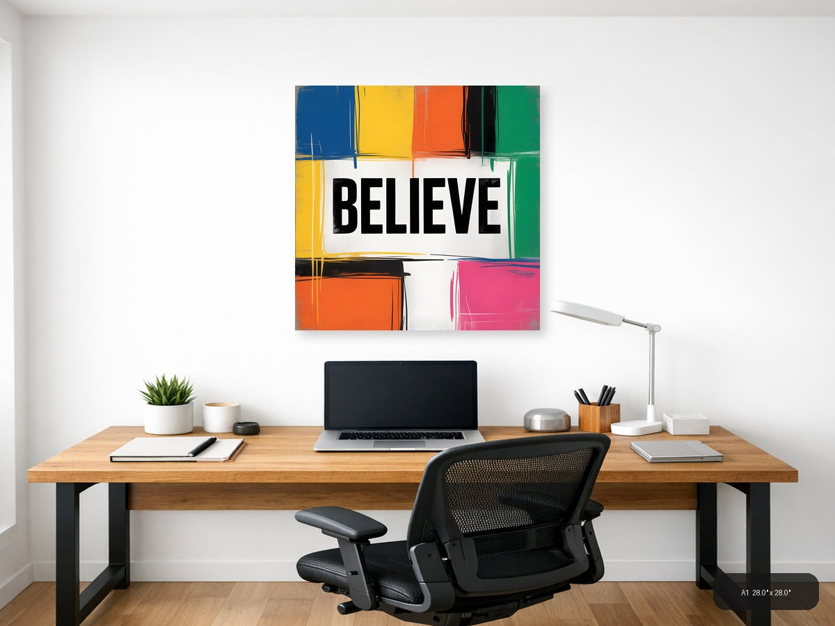 BELIEVE Colorful Abstract Blocks Square Wall Art — A1 / Office