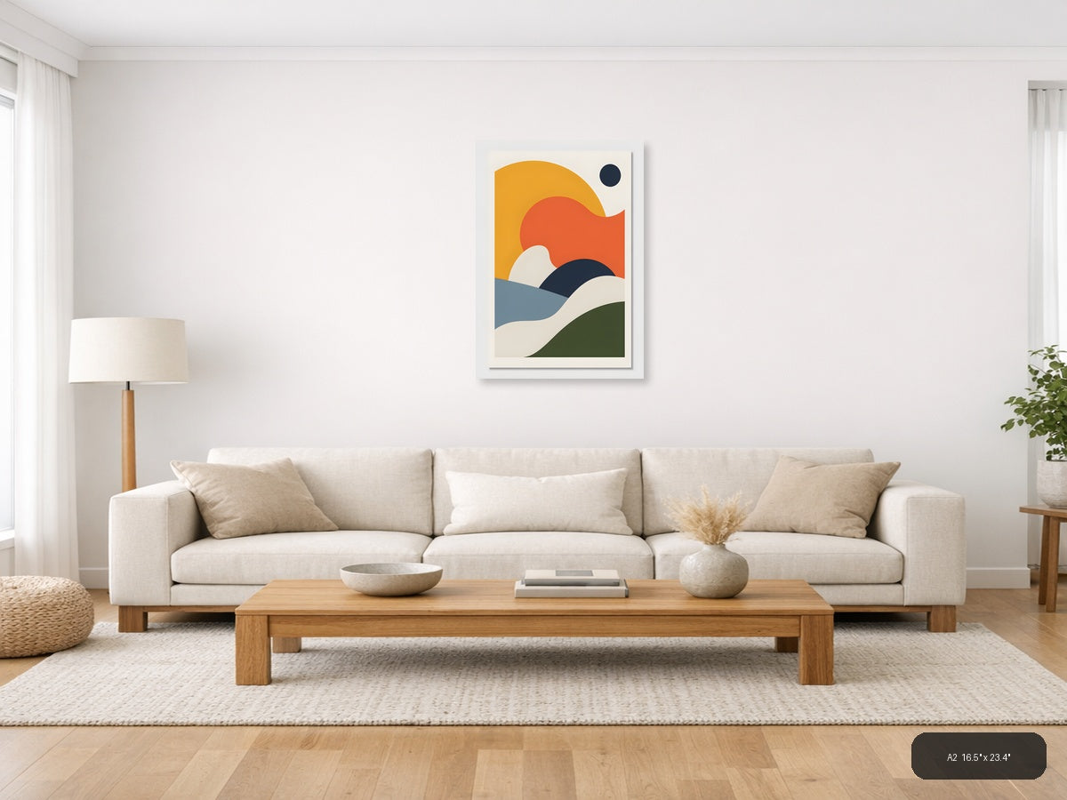 Minimalist Landscape with Sun and Waves Wall Art — A2 / Living Room