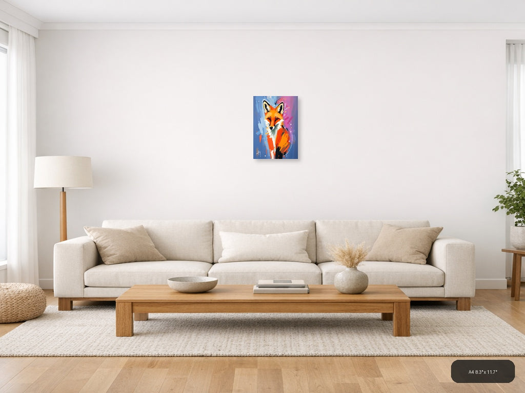Abstract Fox Portrait: Vibrant Orange & Blue Wall Art — A4 / Living Room