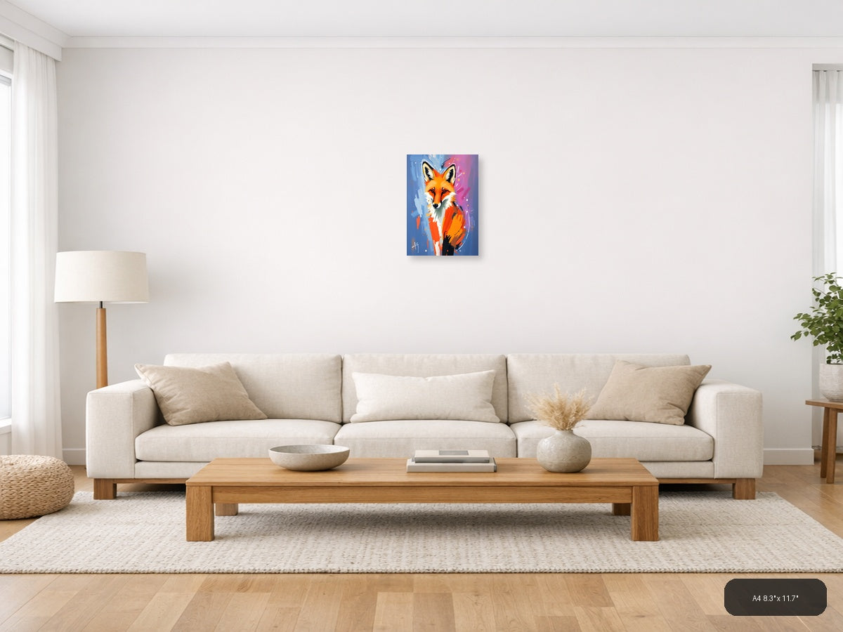 Abstract Fox Portrait: Vibrant Orange & Blue Wall Art — A4 / Living Room