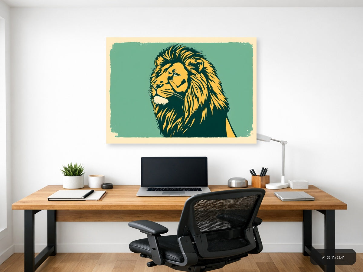 Vintage Lion Head Portrait Teal & Gold Wall Art — A1 / Office