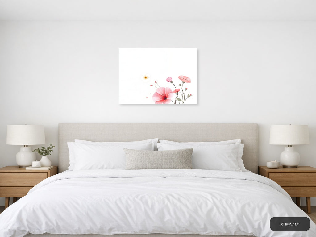 Pink Carnations & Sun Minimalist Floral Wall Art — A3 / Bedroom