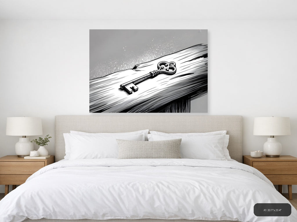 Ornate Key on Wood Line Art Wall Art — A1 / Bedroom