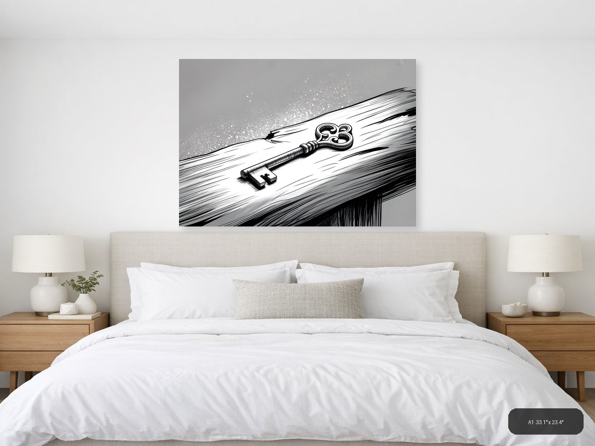 Ornate Key on Wood Line Art Wall Art — A1 / Bedroom