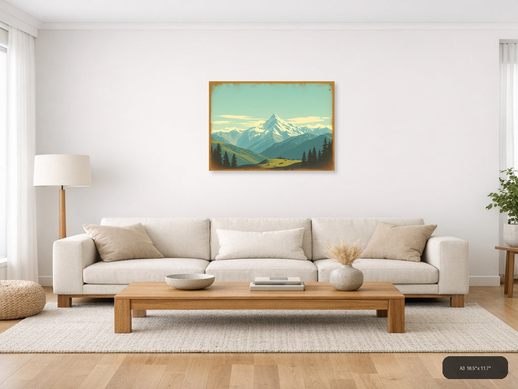 Vintage Alpine Mountain Landscape with Snow Peaks Wall Art — A3 / Living Room