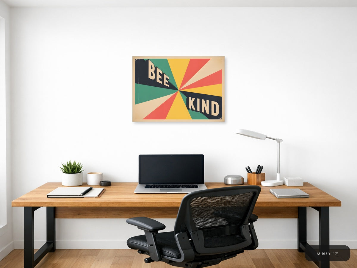 Vintage Retro 'Bee Kind' Sunburst Typography Wall Art — A3 / Office