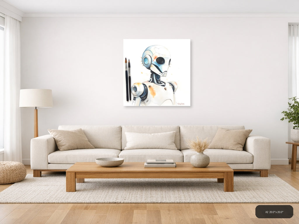 Futuristic Robot Portrait Watercolor Wall Art — A2 / Living Room
