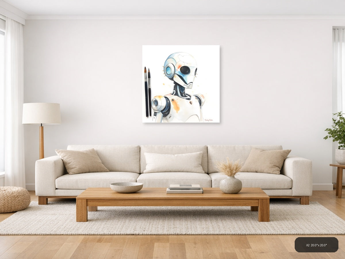 Futuristic Robot Portrait Watercolor Wall Art — A2 / Living Room