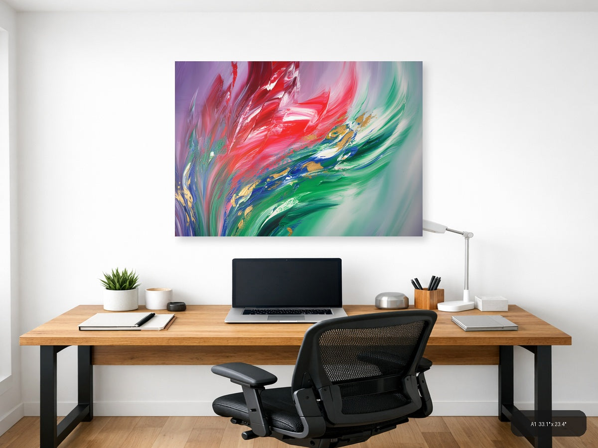 Red & Green Flowing Abstract Brushstroke Modern Wall Art — A1 / Office