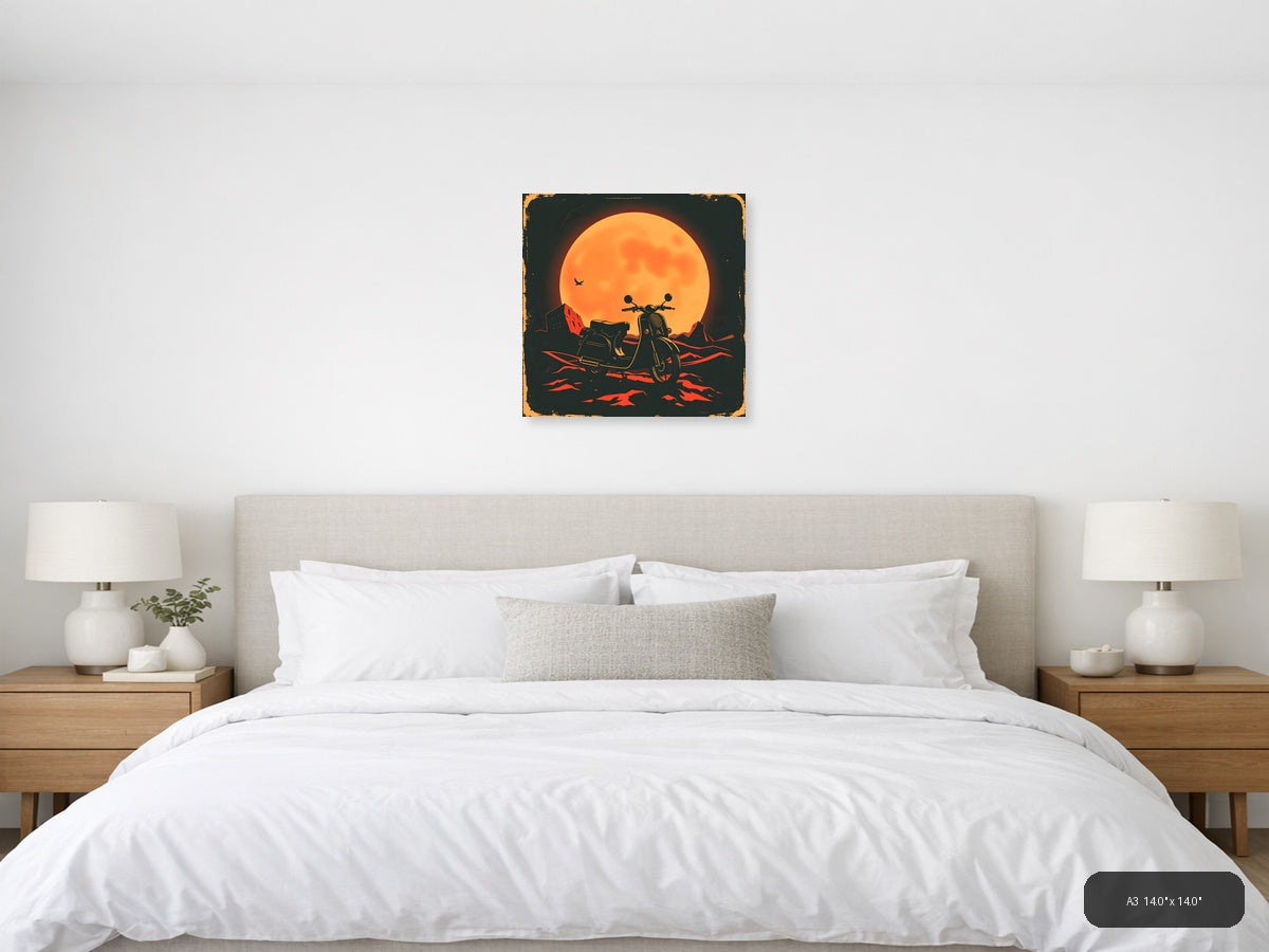 Vintage Motorcycle Sidecar Moon Silhouette Wall Art — A3 / Bedroom