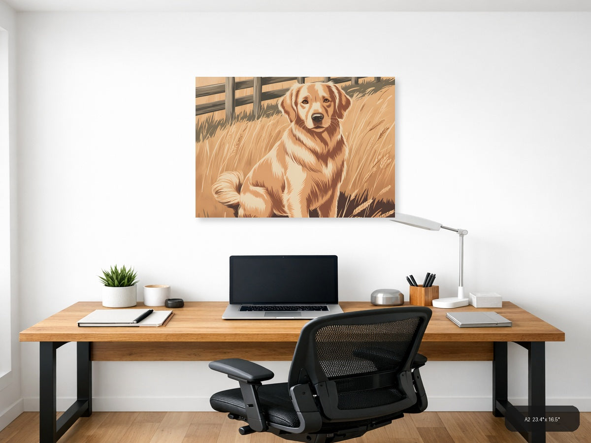 Vintage Brown and White Dog Portrait Landscape Wall Art — A2 / Office