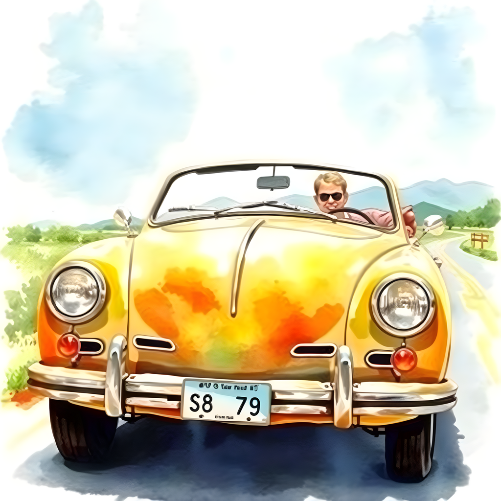 Yellow Convertible Car Watercolor Painting Wall Art