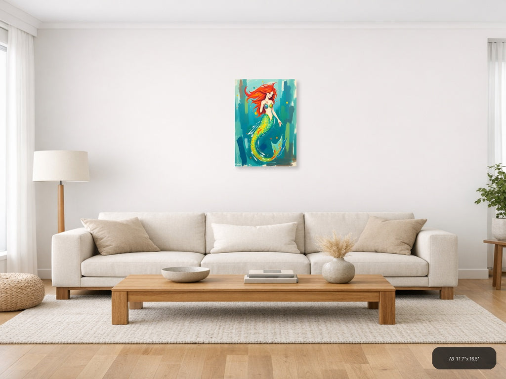 Vibrant Mermaid with Red Hair Abstract Wall Art — A3 / Living Room